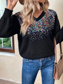 SHEIN Clasi Contrast Sequin Drop Shoulder Jumper - Black - View 4