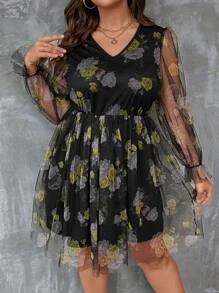 SHEIN LUNE Plus Floral Print Flounce Sleeve Mesh Overlay Dress - Multicolor - View 1