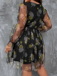 SHEIN LUNE Plus Floral Print Flounce Sleeve Mesh Overlay Dress - Multicolor - View 2