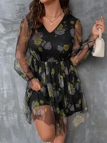 SHEIN LUNE Plus Floral Print Flounce Sleeve Mesh Overlay Dress - Multicolor - View 3