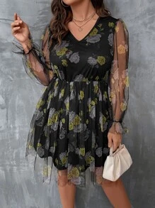 SHEIN LUNE Plus Floral Print Flounce Sleeve Mesh Overlay Dress - Multicolor - View 4
