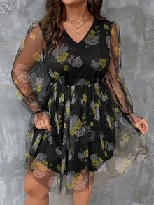 SHEIN LUNE Plus Floral Print Flounce Sleeve Mesh Overlay Dress - Multicolor - View 7