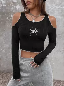 SHEIN ICON Áo thun nữ Cắt ra Thêu Xù nhỏ Tương phản ràng buộc Thú vật Giải trí - màu đen - Xem 1