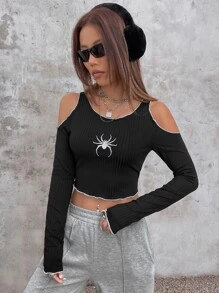 SHEIN ICON Áo thun nữ Cắt ra Thêu Xù nhỏ Tương phản ràng buộc Thú vật Giải trí - màu đen - Xem 3