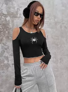 SHEIN ICON Áo thun nữ Cắt ra Thêu Xù nhỏ Tương phản ràng buộc Thú vật Giải trí - màu đen - Xem 5