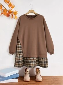 SHEIN LUNE Plus Plaid Panel Drop Shoulder 2 In 1 Sweatshirt Dress Winter Fall Autumn - Coffee Brown - View 1