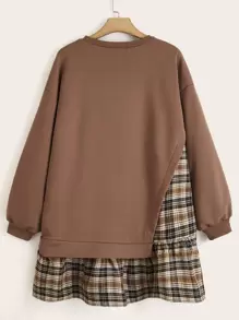 SHEIN LUNE Plus Plaid Panel Drop Shoulder 2 In 1 Sweatshirt Dress Winter Fall Autumn - Coffee Brown - View 2