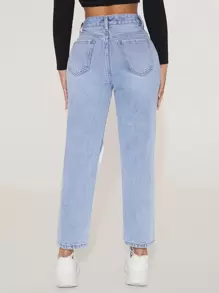 SHEIN PETITE 高腰破洞直筒牛仔褲 - 淺色水洗藍 - 查看 2