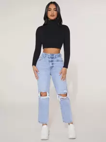 SHEIN PETITE 高腰破洞直筒牛仔褲 - 淺色水洗藍 - 查看 3