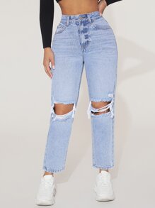 SHEIN PETITE 高腰破洞直筒牛仔褲 - 淺色水洗藍 - 查看 4