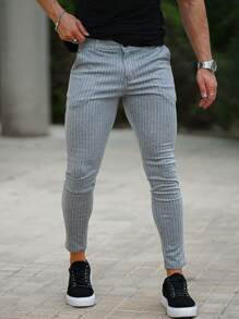 Men Striped Skinny Trousers - Light Grey - View 1