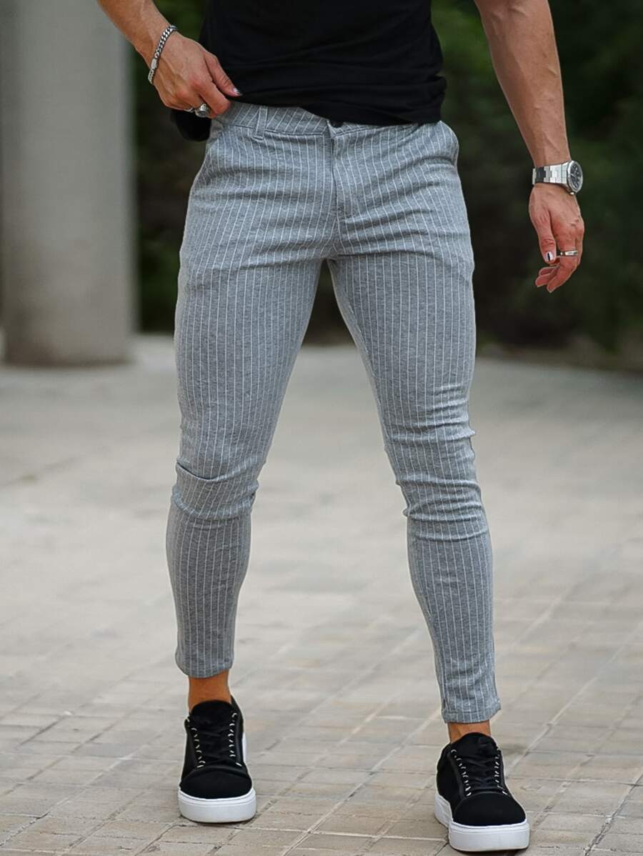 Men Striped Skinny Trousers - Light Grey - View 1
