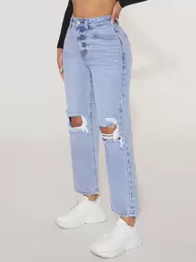 SHEIN PETITE 高腰破洞直筒牛仔褲 - 淺色水洗藍 - 查看 5