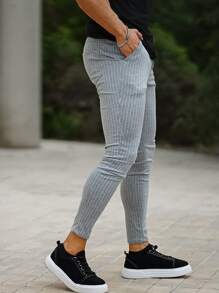 Men Striped Skinny Trousers - Light Grey - View 3