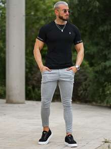 Men Striped Skinny Trousers - Light Grey - View 4