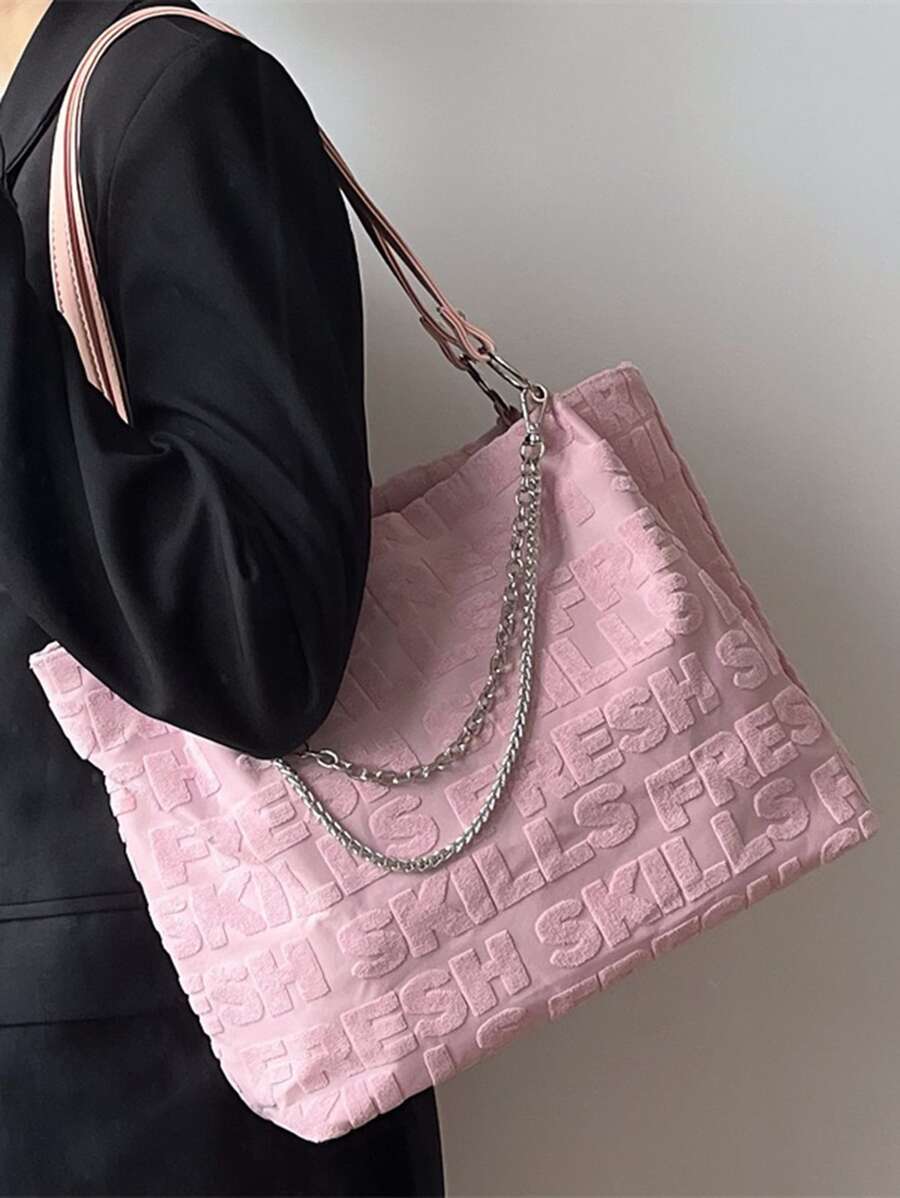Letter Graphic Chain Decor Shoulder Tote Bag - Pink - View 1