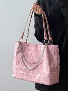 Letter Graphic Chain Decor Shoulder Tote Bag - Pink - View 7