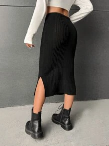 Muchica Drawstring Waist Slit Hem Pencil Skirt - Black - View 2