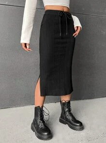 Muchica Drawstring Waist Slit Hem Pencil Skirt - Black - View 3