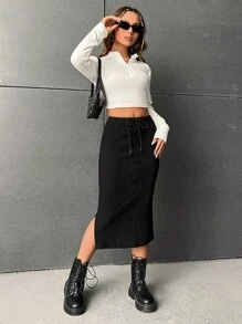Muchica Drawstring Waist Slit Hem Pencil Skirt - Black - View 4