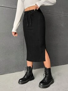 Muchica Drawstring Waist Slit Hem Pencil Skirt - Black - View 5