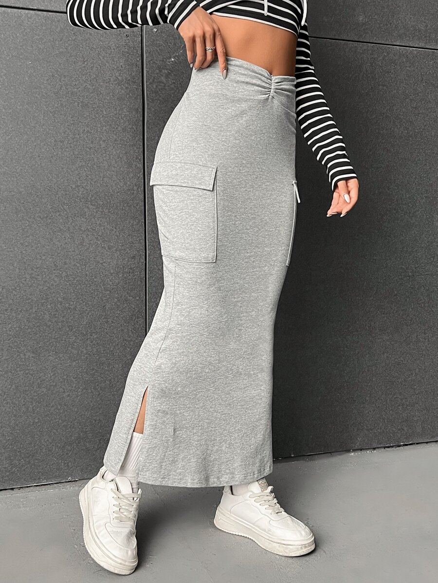 SHEIN EZwear Váy nữ Túi Xù Chia màu trơn Giải trí - Màu Xám nhạt - Xem 1