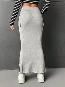 SHEIN EZwear Váy nữ Túi Xù Chia màu trơn Giải trí - Màu Xám nhạt - Xem 2