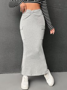 SHEIN EZwear Váy nữ Túi Xù Chia màu trơn Giải trí - Màu Xám nhạt - Xem 3