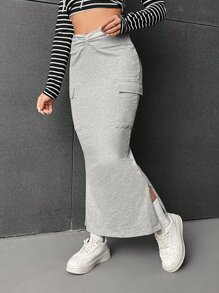 SHEIN EZwear Váy nữ Túi Xù Chia màu trơn Giải trí - Màu Xám nhạt - Xem 4