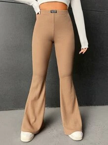 SHEIN EZwear Letter Patched Flare Leg Trousers - Khaki - View 4