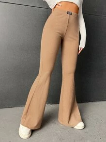 SHEIN EZwear Letter Patched Flare Leg Trousers - Khaki - View 3
