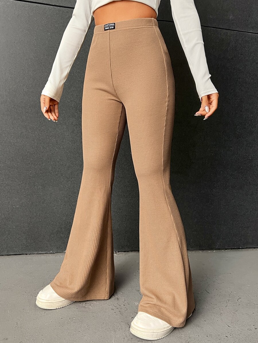 SHEIN EZwear Letter Patched Flare Leg Trousers - Khaki - View 1