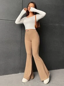 SHEIN EZwear Letter Patched Flare Leg Trousers - Khaki - View 5