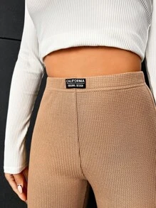 SHEIN EZwear Letter Patched Flare Leg Trousers - Khaki - View 6