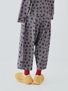 Allover Floral Print Wide Leg Trousers - Grey - View 2