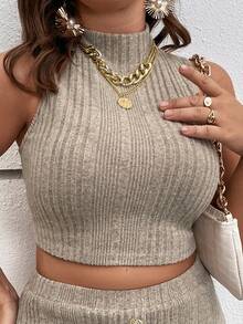 SHEIN Unity 大碼小高領短款背心 - 卡其色 - 查看 3