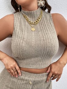 SHEIN Unity 大碼小高領短款背心 - 卡其色 - 查看 1