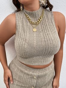 SHEIN Unity 大碼小高領短款背心 - 卡其色 - 查看 5