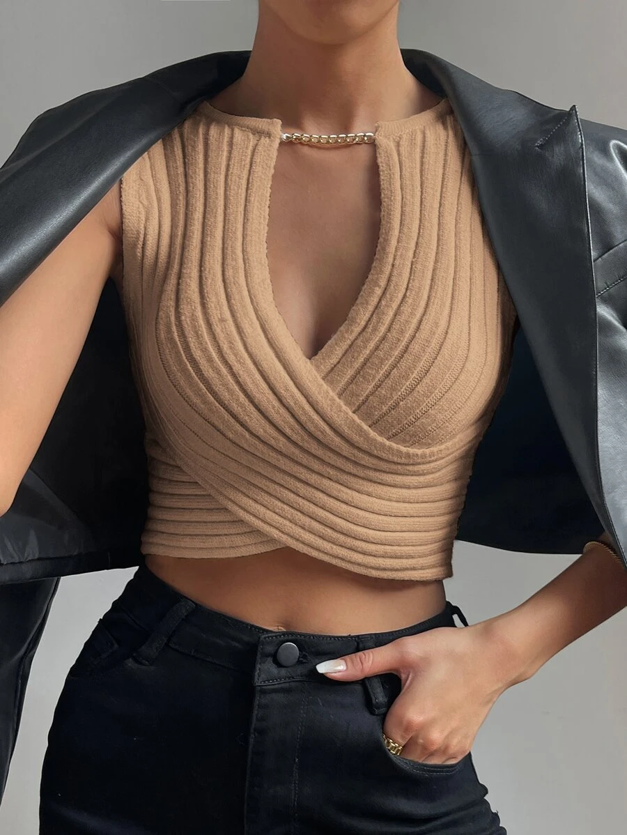 Allurite 1pc Crossover Chain Detail Crop Knit Top - Apricot - View 1