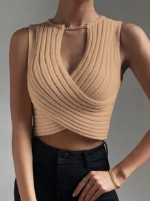 Allurite 1pc Crossover Chain Detail Crop Knit Top - Apricot - View 3