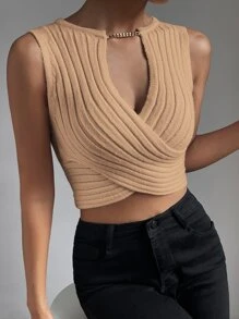 Allurite 1pc Crossover Chain Detail Crop Knit Top - Apricot - View 4