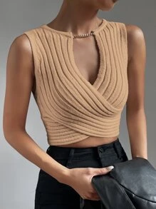 Allurite 1pc Crossover Chain Detail Crop Knit Top - Apricot - View 5