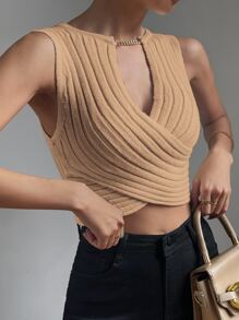 Allurite 1pc Crossover Chain Detail Crop Knit Top - Apricot - View 6