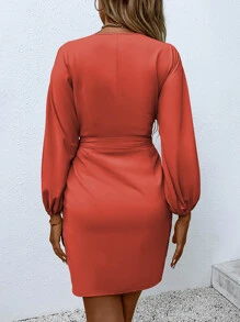 Chiquease Surplice Neck Knot Wrap Dress - Orange - View 2