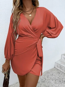 Chiquease Surplice Neck Knot Wrap Dress - Orange - View 3