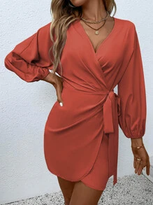 Chiquease Surplice Neck Knot Wrap Dress - Orange - View 5