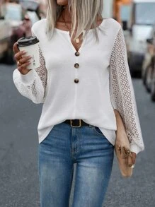 SHEIN LUNE Contrast Lace Bishop Sleeve Fake Button Tee - White - View 1