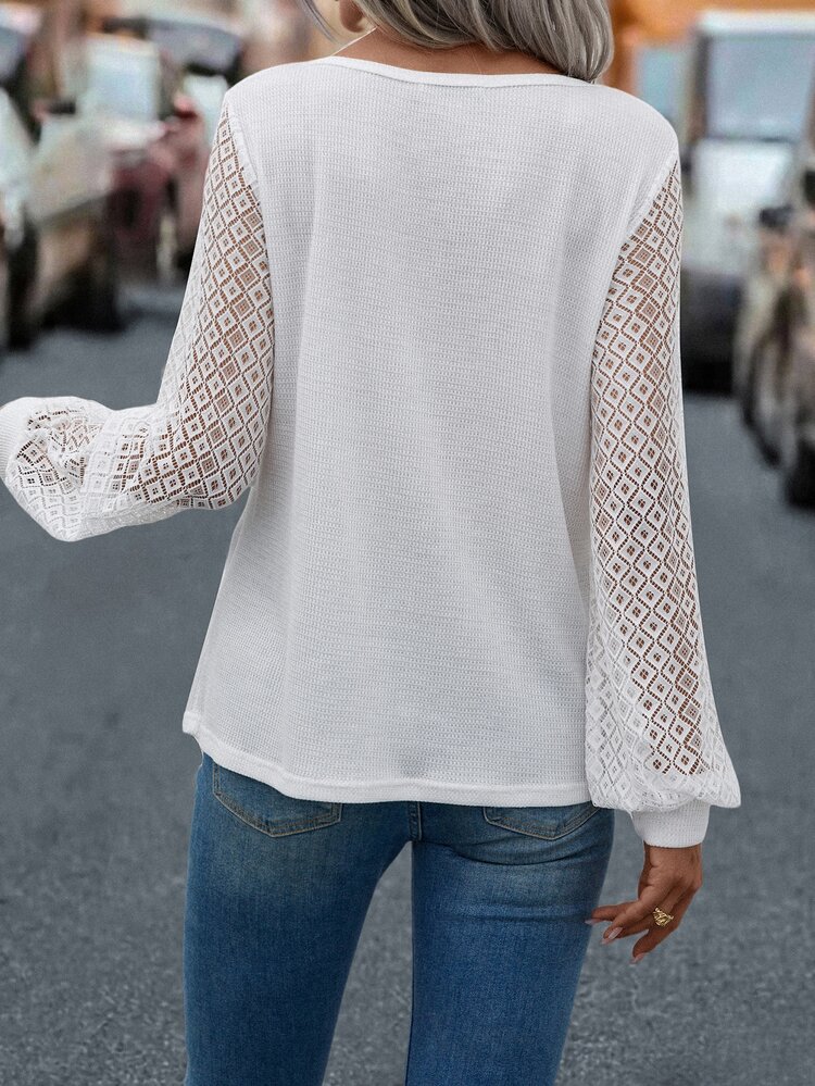 SHEIN LUNE Camiseta con encaje en contraste de manga obispo con botón falso - Blanco - Añade 2