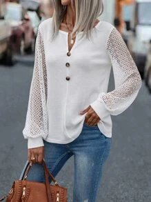 SHEIN LUNE Contrast Lace Bishop Sleeve Fake Button Tee - White - View 5