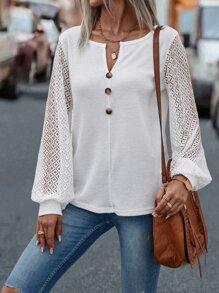 SHEIN LUNE Contrast Lace Bishop Sleeve Fake Button Tee - White - View 6